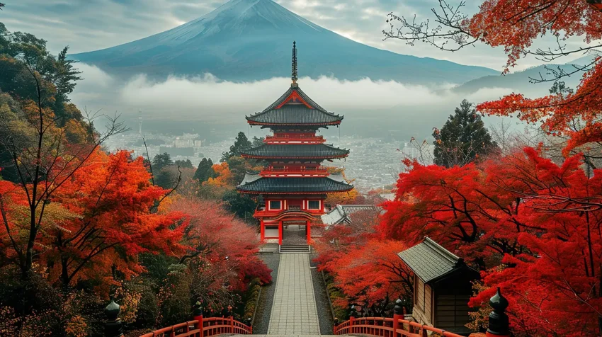 Un templo japonés entre árboles de otoño